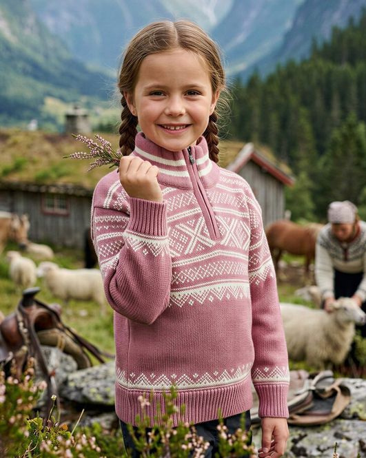 Hovedbilde Bretind Setesdalsgenser til barn – rosa/natur