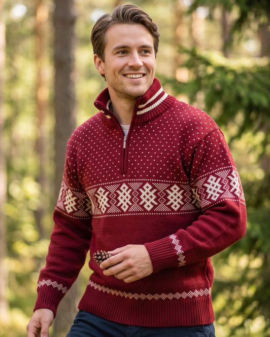 Hovedbilde Bretind Viking ullgenser med zip til dame og herre – burgunder/natur