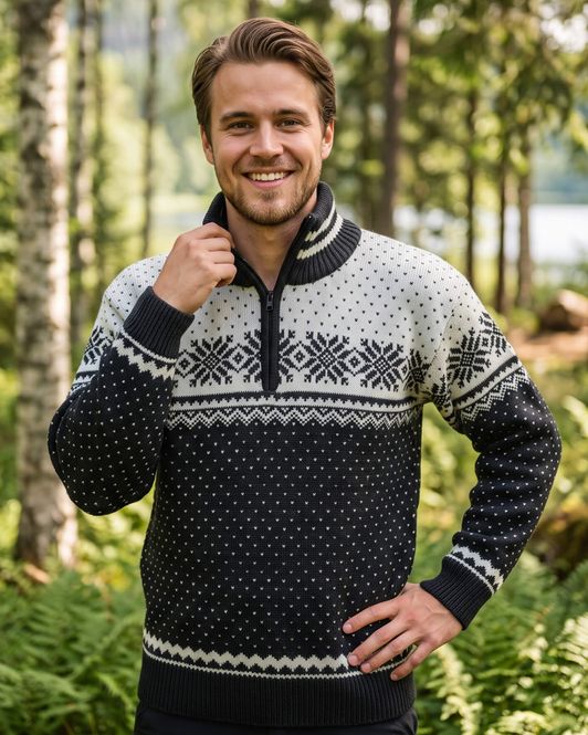 Hovedbilde Bretind Tradisjon ullgenser med zip i kamgarn - unisex - koksgrå/natur