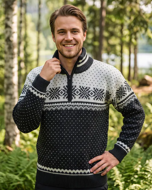 Hovedbilde Bretind Tradisjon ullgenser med zip i kamgarn - unisex - koksgrå/natur